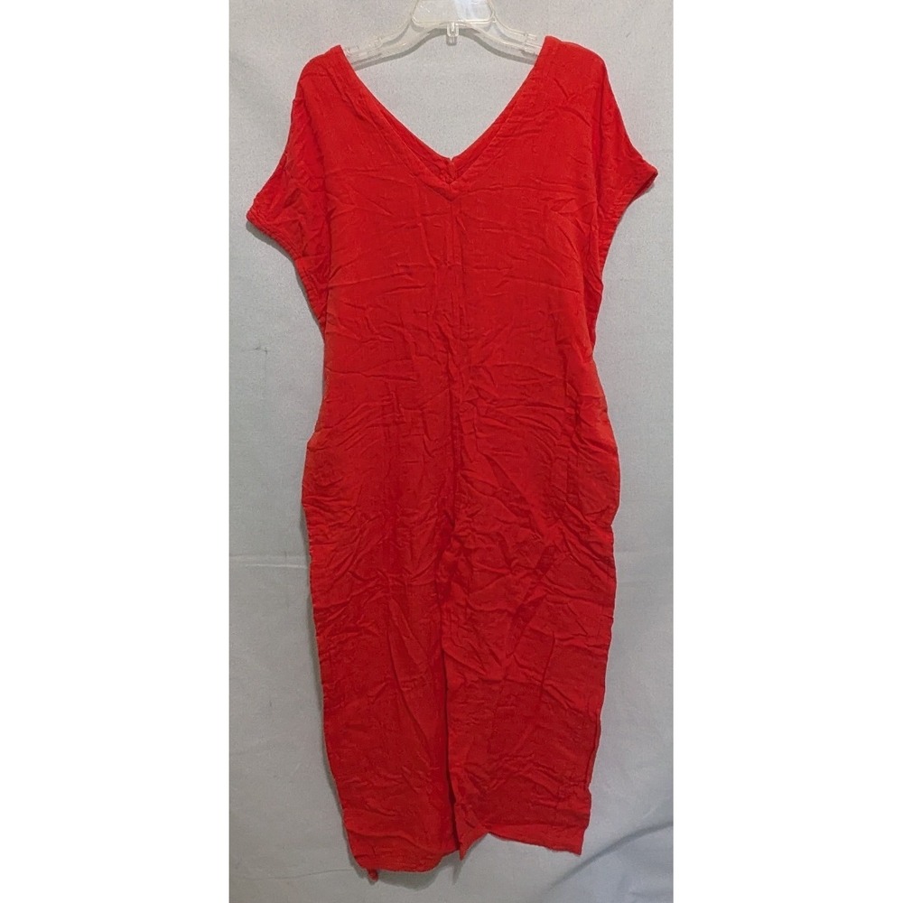 Pact Midi Dress Women Small Red Excellent V-Neck Pockets Tie Waist Casual